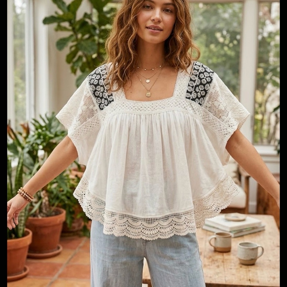 Free People Cream Lace Blouse